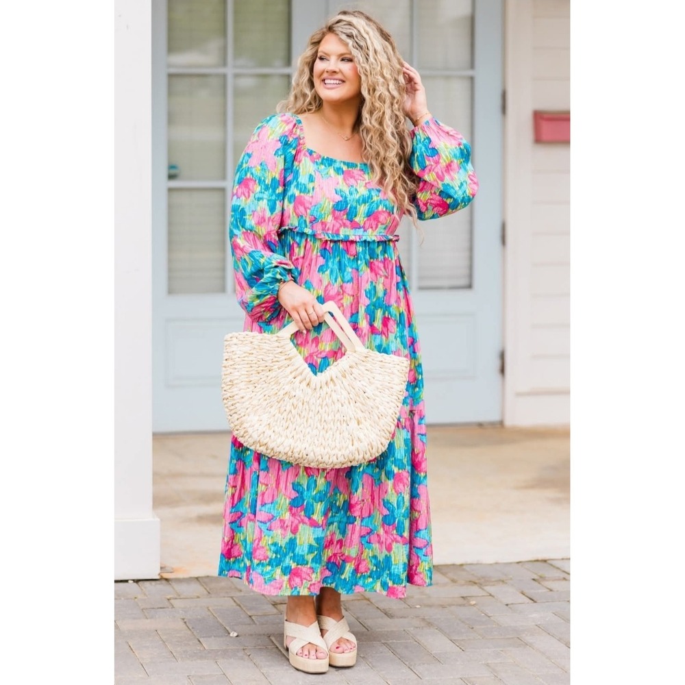 ODDI Tropical Floral Smocked Maxi Dress Plus Size 3XL Long Sleeve Pleated Pocket